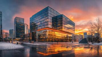 Modern Glass Office Building Reflecting Sunset in Cityscape photo