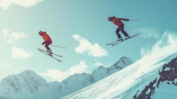 Two Skiers Soaring Over Snowy Mountains photo