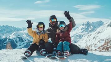 Happy Family of Three in Winter Ski Gear on a Mountaintop photo