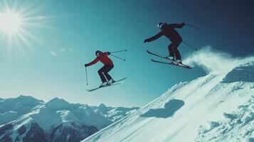 Two Skiers Performing Aerial Tricks Over Snowy Mountain Peak photo