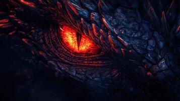 Close-up of a Dragon's Eye Glowing Red in Darkness photo