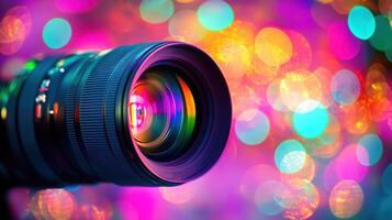 Camera Lens Capturing Colorful Bokeh Lights. photo