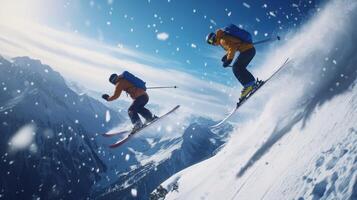 Two Skiers in Mid-Air Over Snowy Mountain Peaks photo