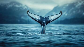 Whale Tail Breaking the Surface of the Ocean. photo