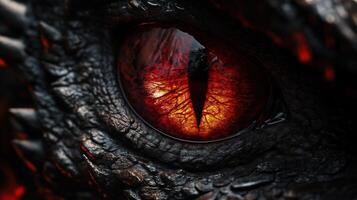 Close-up of a Dragon's Fiery Red Eye with Black Scales photo