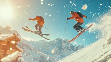 Two Skiers Soaring Through Snowy Air Above Mountains photo