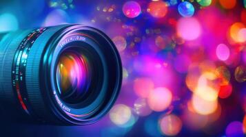 Camera Lens with Colorful Bokeh Lights photo
