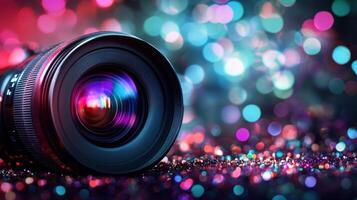 Camera Lens Close-up with Colorful Bokeh Lights photo