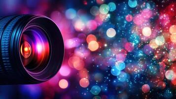 Camera Lens Capturing Colorful Bokeh Lights background photo