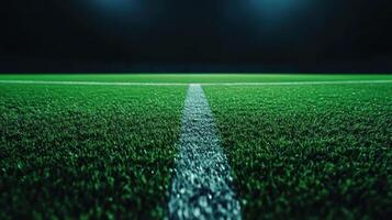 White Line on a Green Artificial Grass Field at Night photo