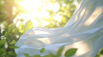 White Fabric Fluttering in a Sunlit Forest photo