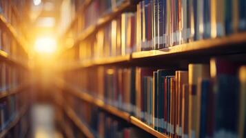 Sunlight Filtering Through Books on Shelves in a Library photo