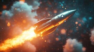 Silver Spaceship Ascending Through a Starry Sky with Orange Flames photo