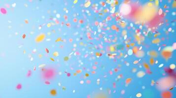 Colorful Confetti Falling Against a Blue Sky photo