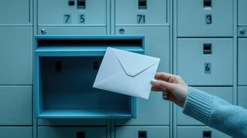 Hand placing a white envelope into a teal mailbox photo