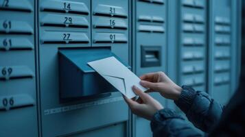 Person dropping an envelope into a mailbox photo