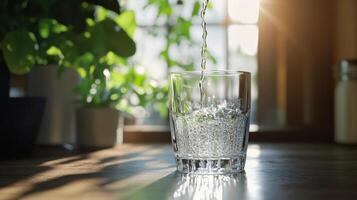 Water being poured into a glass on a wooden table photo