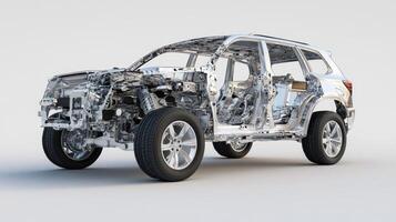 A transparent chrome SUV chassis with black tires photo