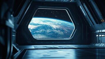 Spaceship Corridor with Earth View from Window photo