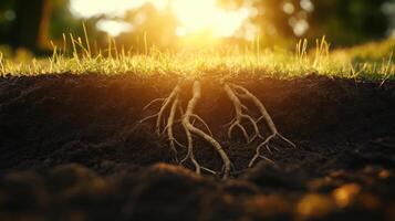 Close-up of Tree Roots Emerging from Soil in Sunlight photo