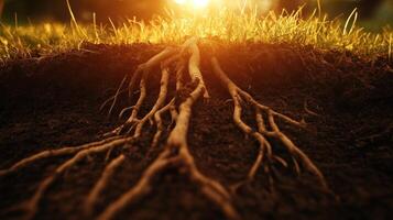 Tree Roots Emerging From Soil Under Golden Sunlight photo