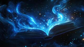 Open Book Emanating Glowing Blue Light Against a Starry Background photo