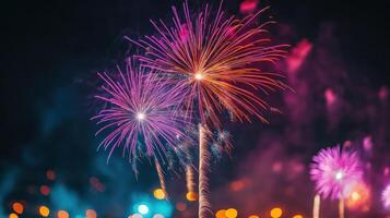 Pink and Orange Fireworks Displaying in the Night Sky photo