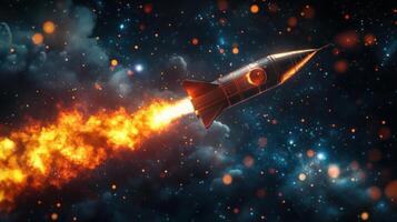 A Rocket Ascending Through a Starry Sky with a Trail of Fire photo