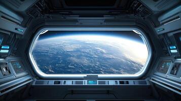 Futuristic Spaceship Interior with Earth View from a Large Window photo