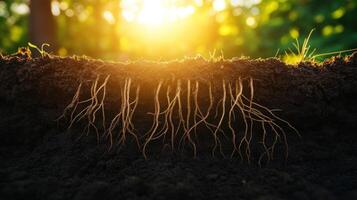 Roots Emerging from Dark Soil with a Sunlit Background photo