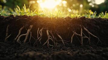 Closeup of Roots and Grass Shoots with Sunlit Background photo
