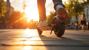 Close-up of a Person Riding an Electric Scooter at Sunset photo