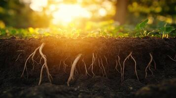 A Close-Up of Plant Roots in Soil Under the Golden Light of Sunset photo