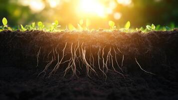 Close-up of Plant Roots Emerging from Soil at Sunset photo