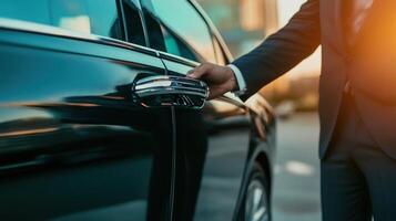 A Man's Hand Opens the Door of a Black Car photo