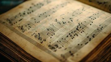 Close-up of a Vintage Music Sheet with Notes and a Treble Clef photo