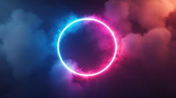 A glowing neon circle amidst blue and pink smoke photo