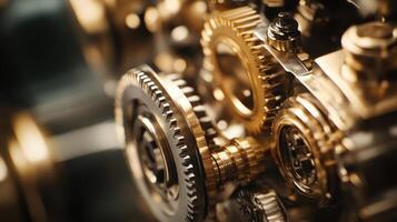 Close-up of Interlocking Metallic Gears in a Mechanical System photo