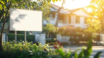 Blank White Sign In Front of a Blurred Suburban Home photo
