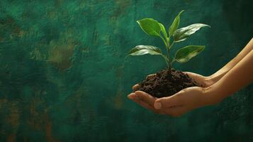 Hands Holding a Small Green Plant with Soil Against a Green Wall photo