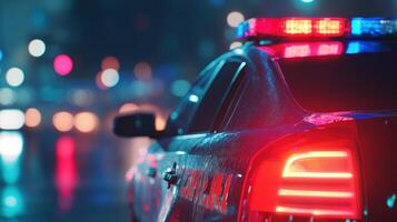 A Police Car With Red And Blue Lights On In A City At Night photo