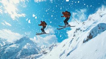 Two Skiers Jumping Off a Snowy Mountain Peak photo