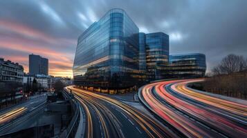 Modern Glass Building with Light Trails on a Busy Highway at Dusk photo