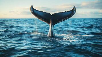Whale Tail Breaking the Surface of the Ocean photo