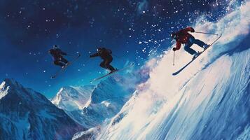 Three Skiers Performing Aerial Tricks Over Snowy Mountain Range photo