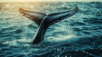 Humpback Whale Tail Breaking the Surface of the Ocean photo