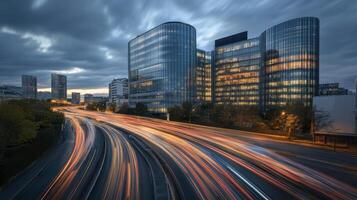 Cityscape with Glass Buildings and Light Trails on Highway photo