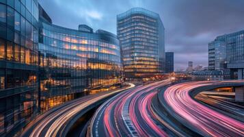 Cityscape with Glass Buildings and Light Trails on Highway. photo