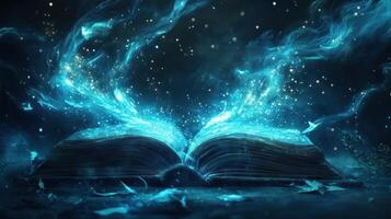 Open Book Glowing with Magical Blue Light and Particles photo