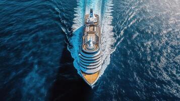 Aerial View of a White Cruise Ship Sailing on a Blue Ocean photo